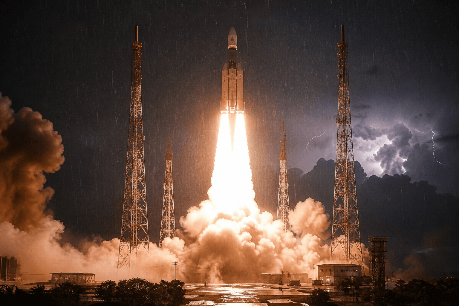 GSLV F17 lifting off at night from Sriharikota in rain